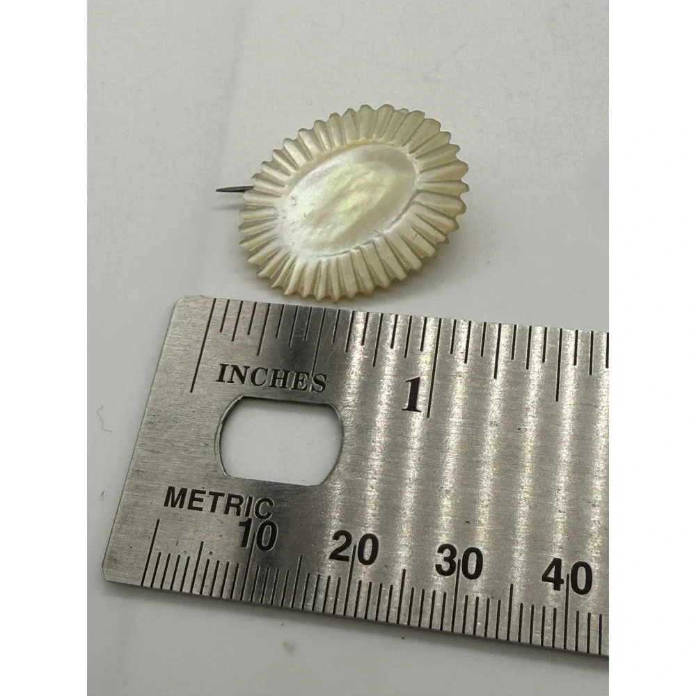 Tiny Vintage Mother of Pearl Carved Scalloped Oval Brooch Iridescent Shell Pin